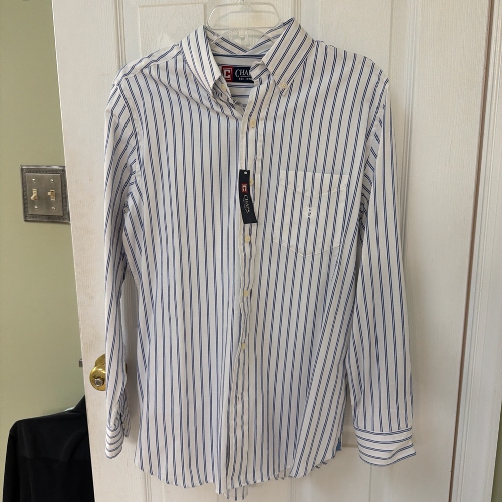 Chaps Men's White and Blue Striped Button Down Shirt